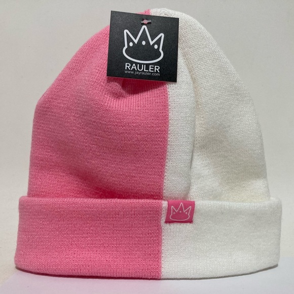 Jay Rauler Split Half White Baby Pink 2 Two Tone Beanie Knit Cap Hat SEE⭐️ - Picture 2 of 6